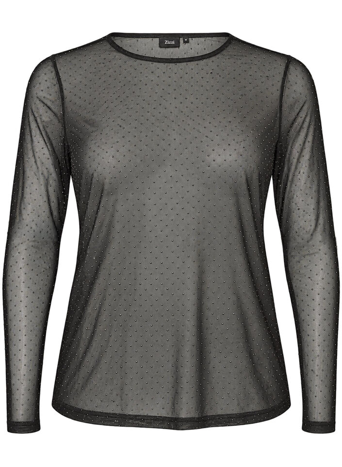 Transparente Bluse aus Mesh mit Strasssteinen, Schwarz, Packshot