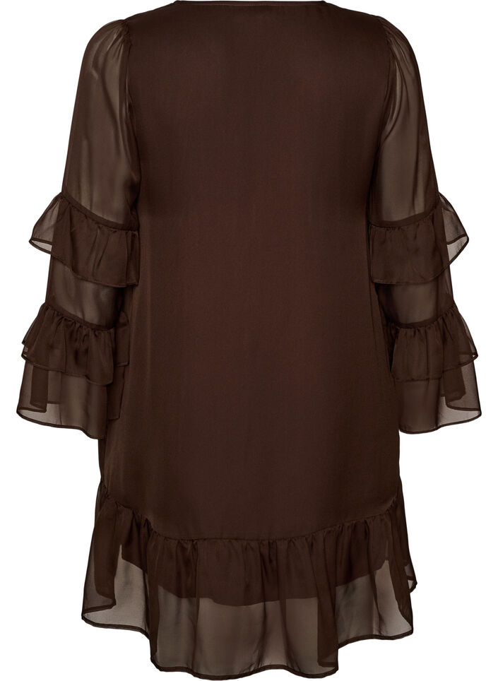 Kurzes Kleid mit transparenten R&uuml;schen&auml;rmeln, Braun, Packshot image number 1