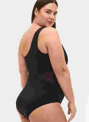 One-Shoulder-Badeanzug mit Mesh, Black, Model image number 3