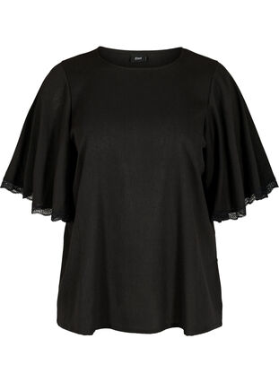 Bluse mit breiten 2/4-Ärmeln und Spitzendetails, Black, Packshot image number 0