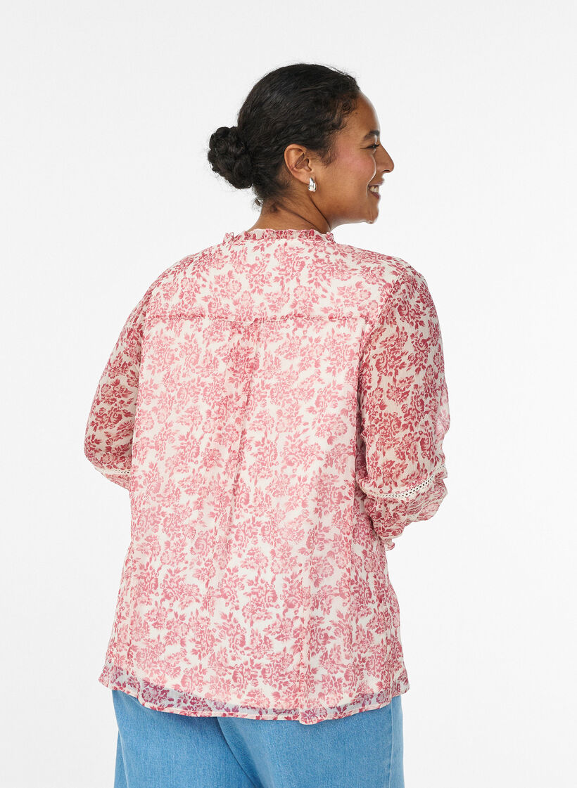 Chiffonbluse mit Blumenprint und H&auml;kelborte, Rot, Model image number 2