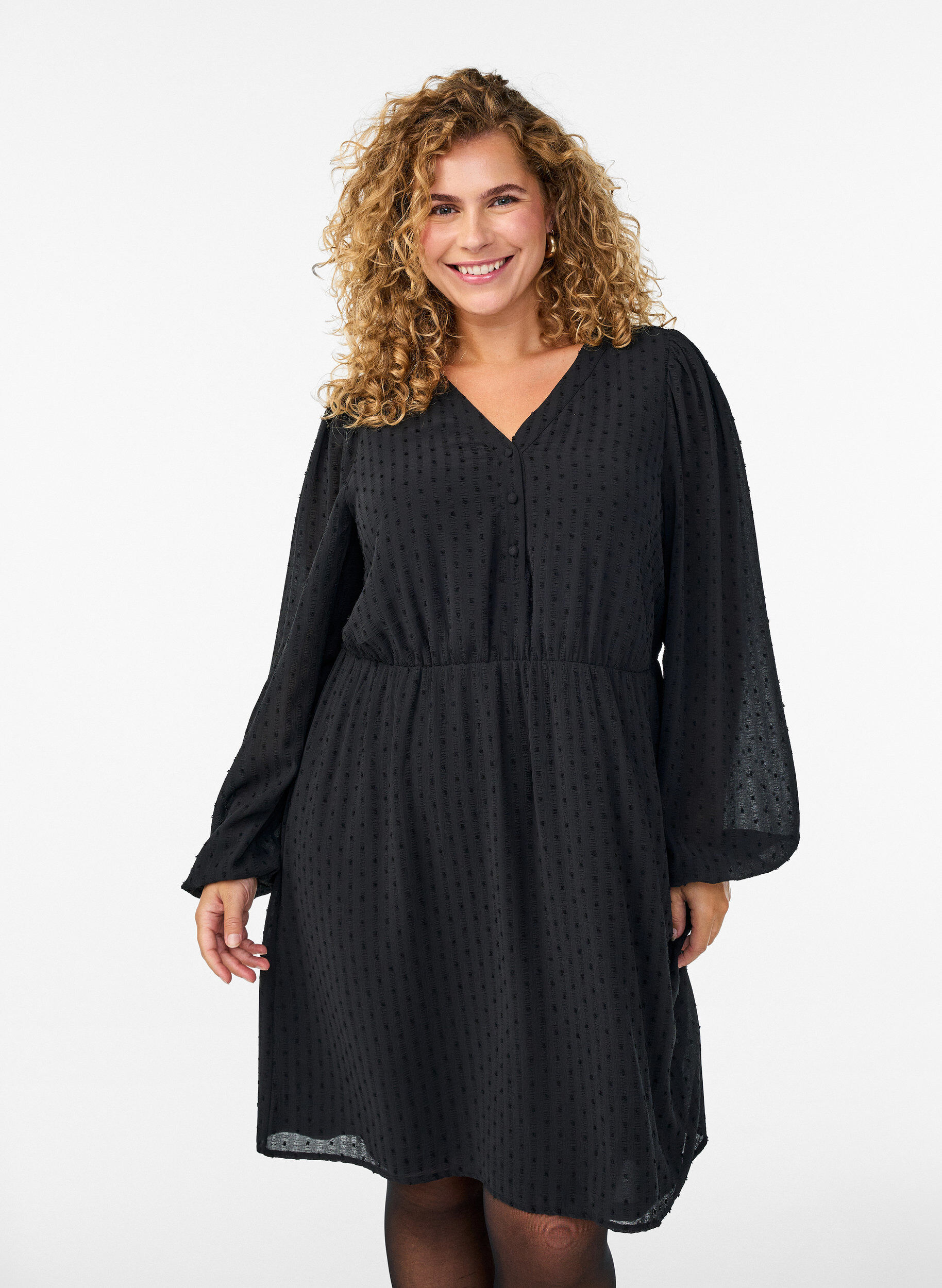 ZizziKurzes Kleid mit Ton-in-Ton-Streifen und texturierten Punkten, Schwarz, Model image number 0
