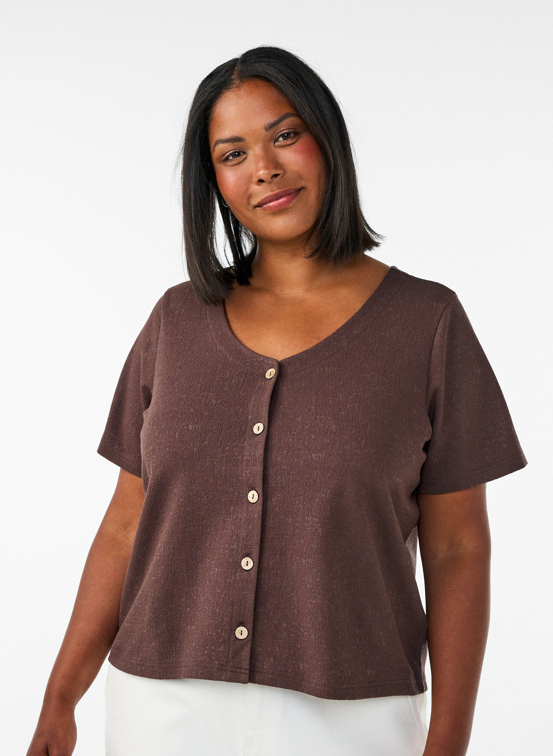 ZizziStrukturierte Bluse aus Baumwolle mit Knopfleiste, Braun, Model image number 0