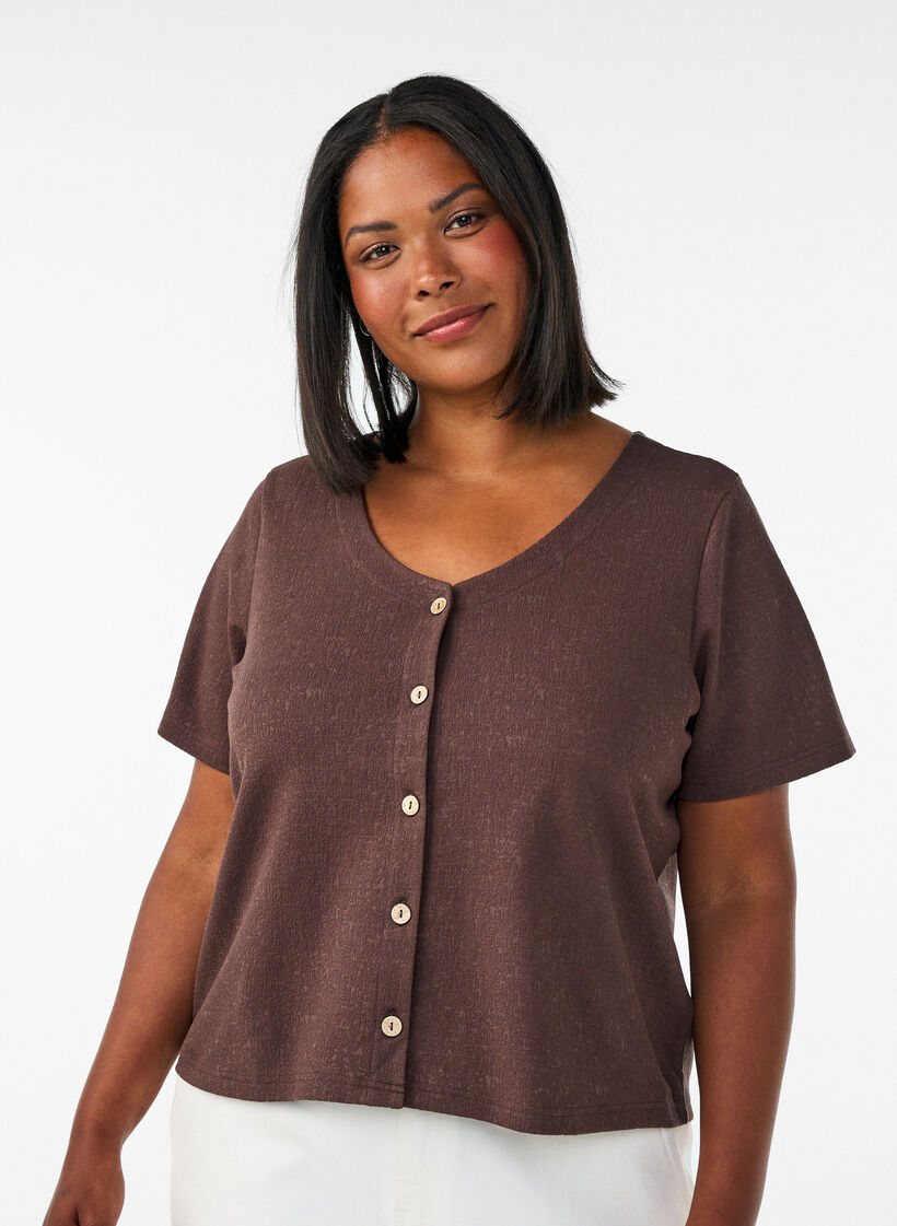 Strukturierte Bluse aus Baumwolle mit Knopfleiste, Braun, Model image number 0