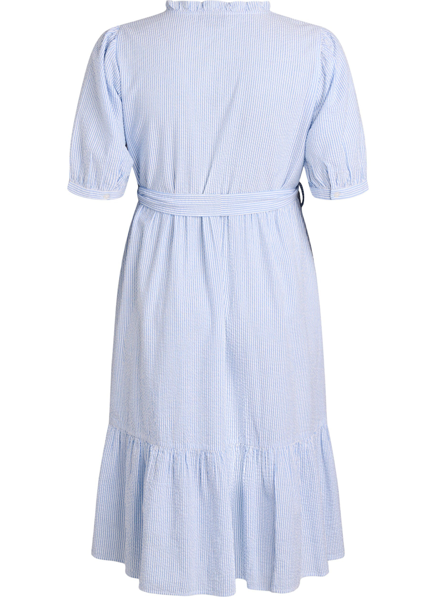 ZizziGestreiftes Midikleid aus Baumwolle mit einem Bindeg&uuml;rtel, Wei&szlig;, Packshot image number 1