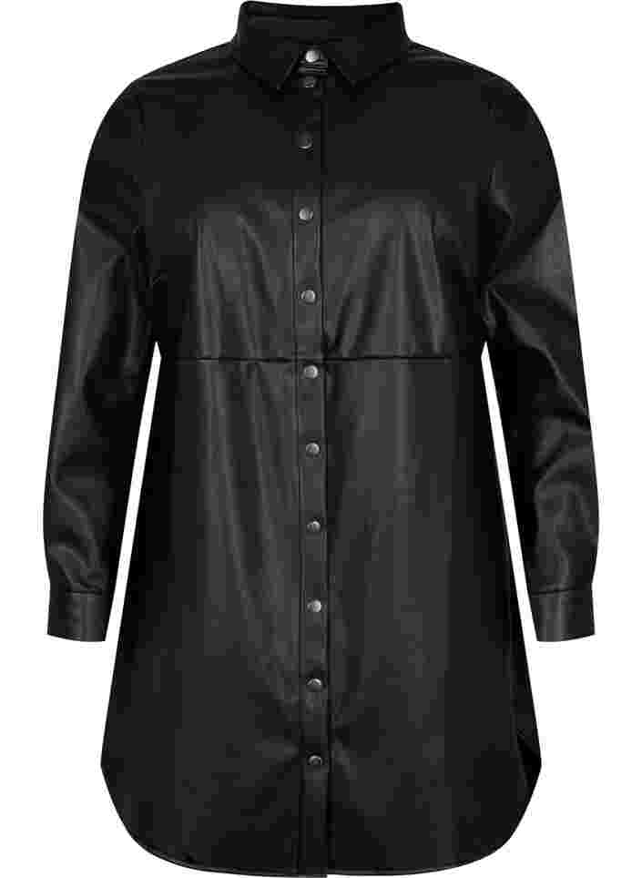 Lange Hemdbluse aus Kunstleder, Black, Packshot image number 0