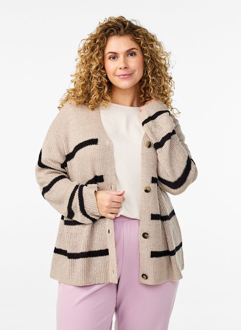 FLASH - Gestreifter Strickcardigan mit Knöpfen, Beige, Model image number 0