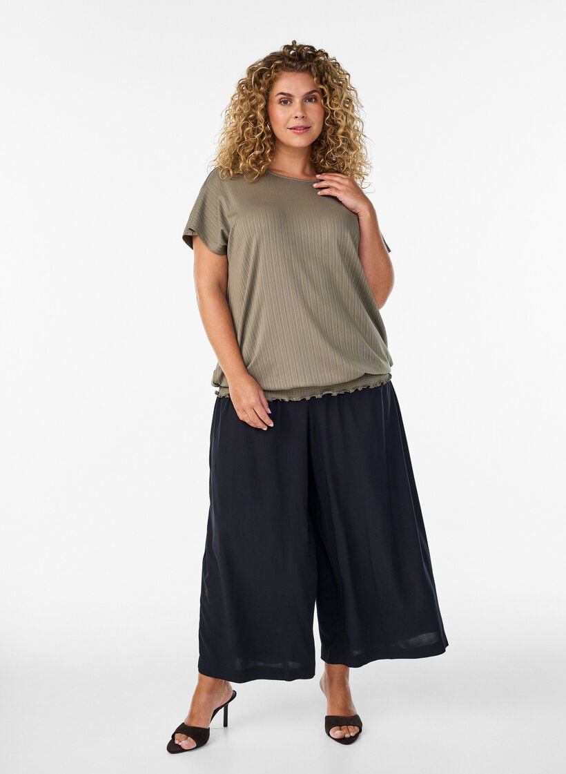 Jersey-Bluse mit strukturierten Streifen und Smocksaum, Braun, Model image number 1