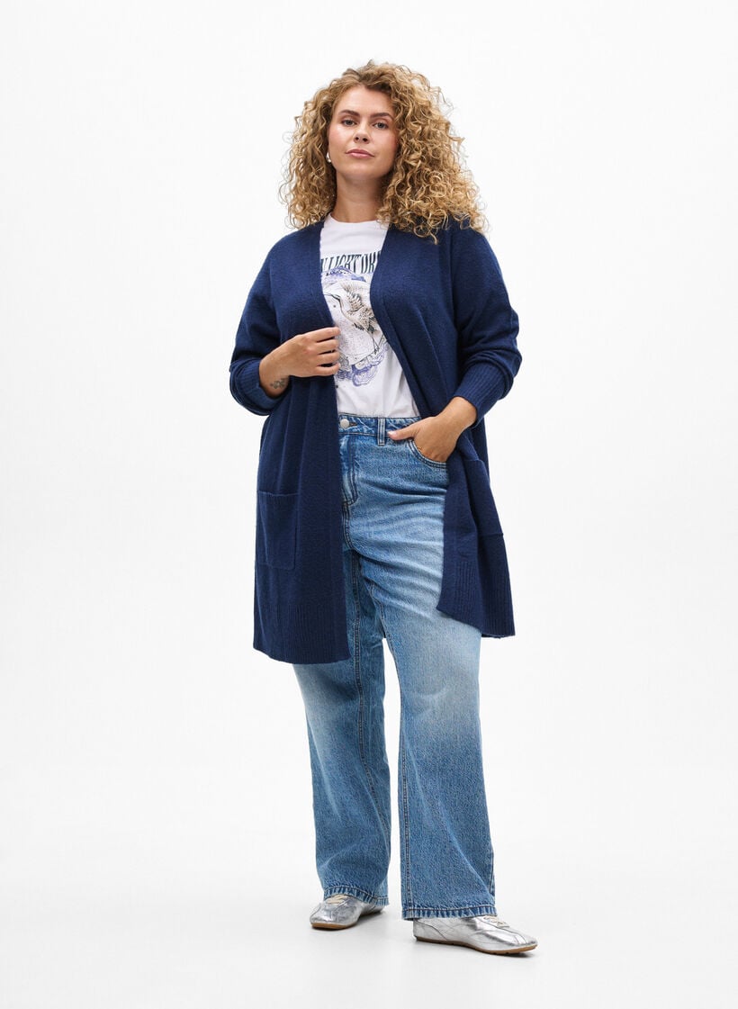 Strickjacke mit Rippenstrick und Taschen, Blau, Model image number 1