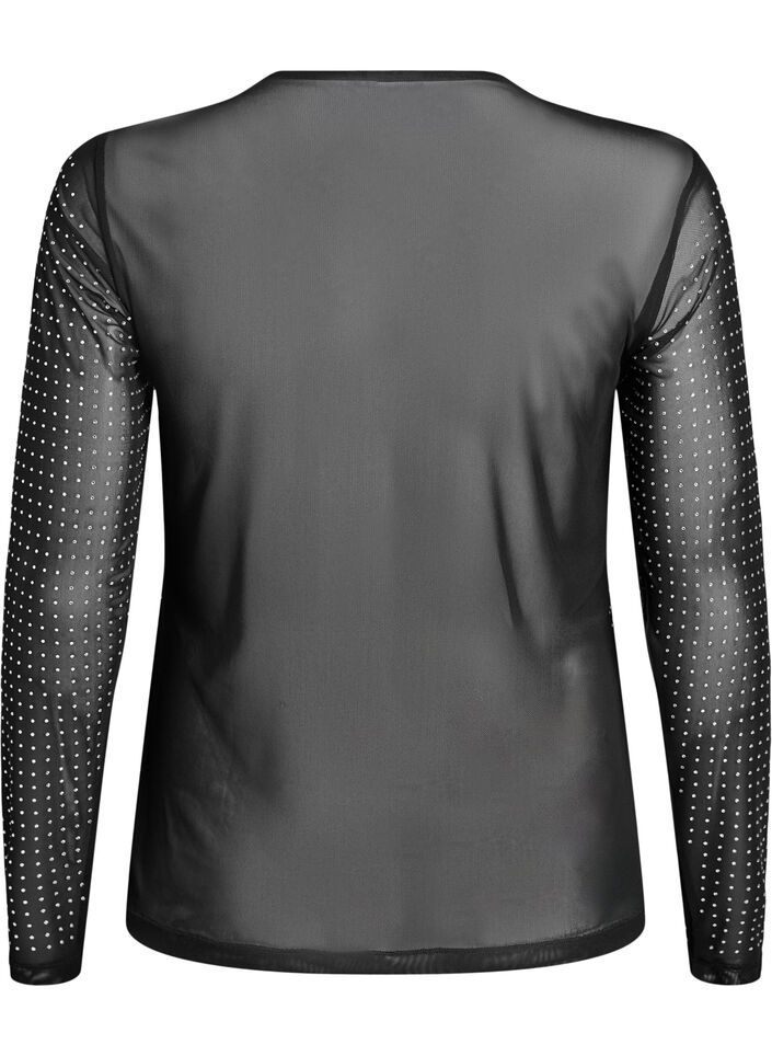 Meshbluse mit Strasssteinen und langen Ärmeln, Schwarz, Packshot image number 1