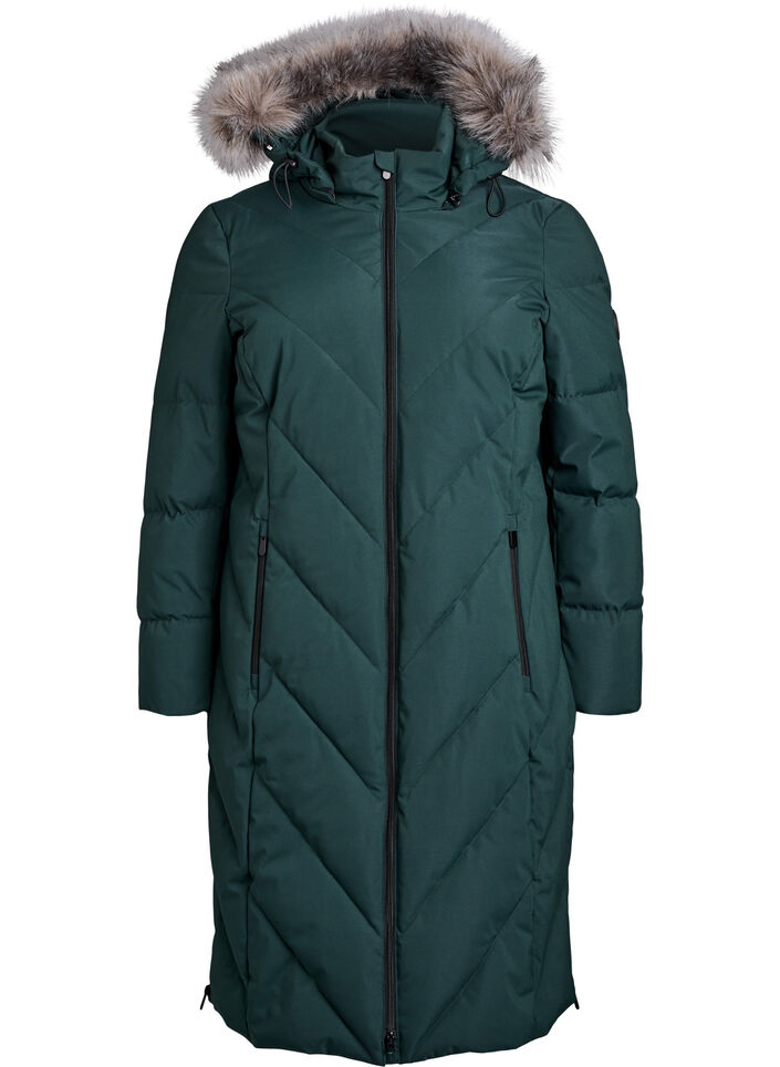 Langer Wintermantel mit Hakenverschl&uuml;ssen und Kunstfellkragen, Gr&uuml;n, Packshot image number 0