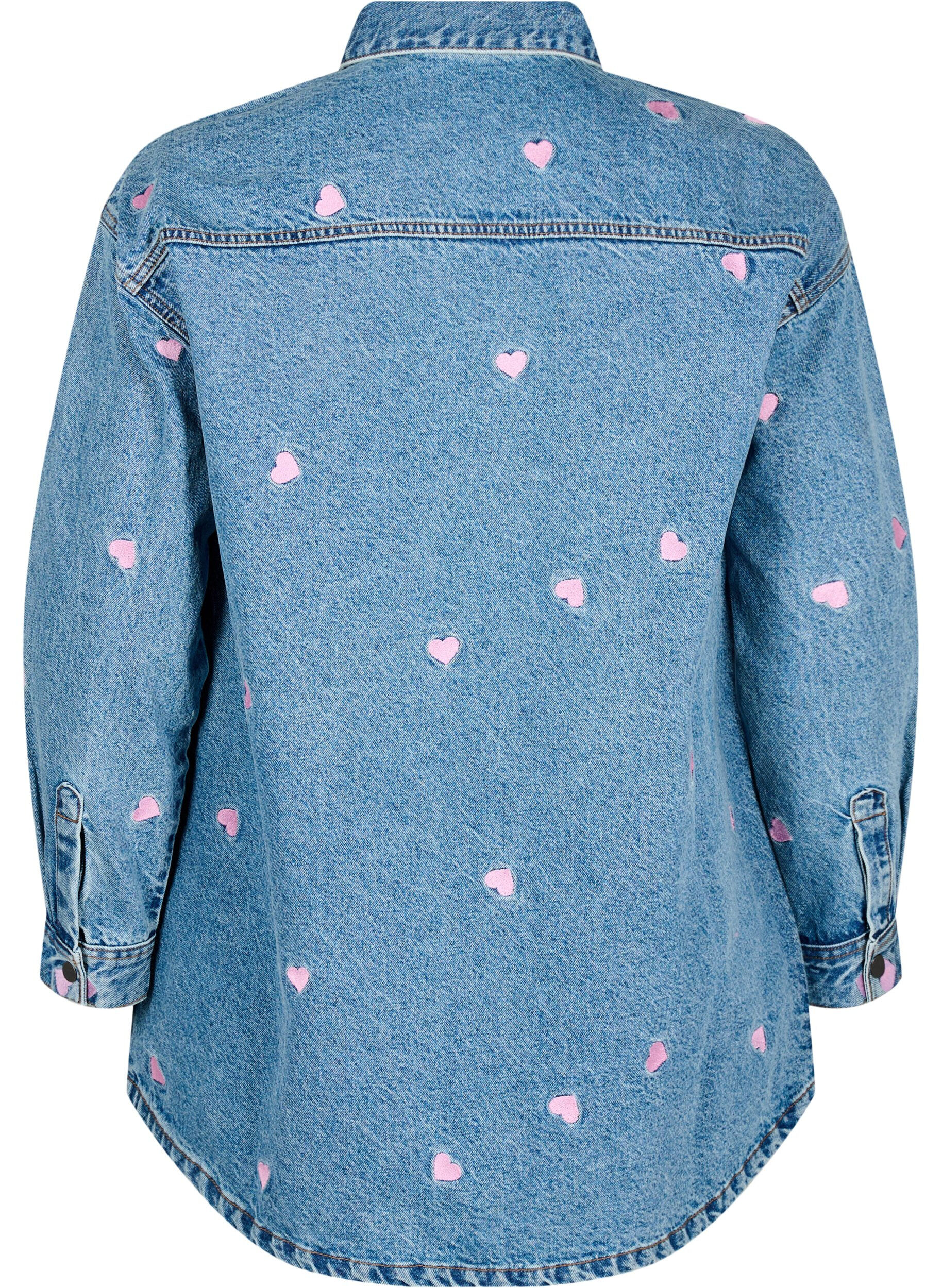 ZizziLocker geschnittene Jeansbluse mit aufgestickten Herzen, Light Blue Heart, Packshot image number 1
