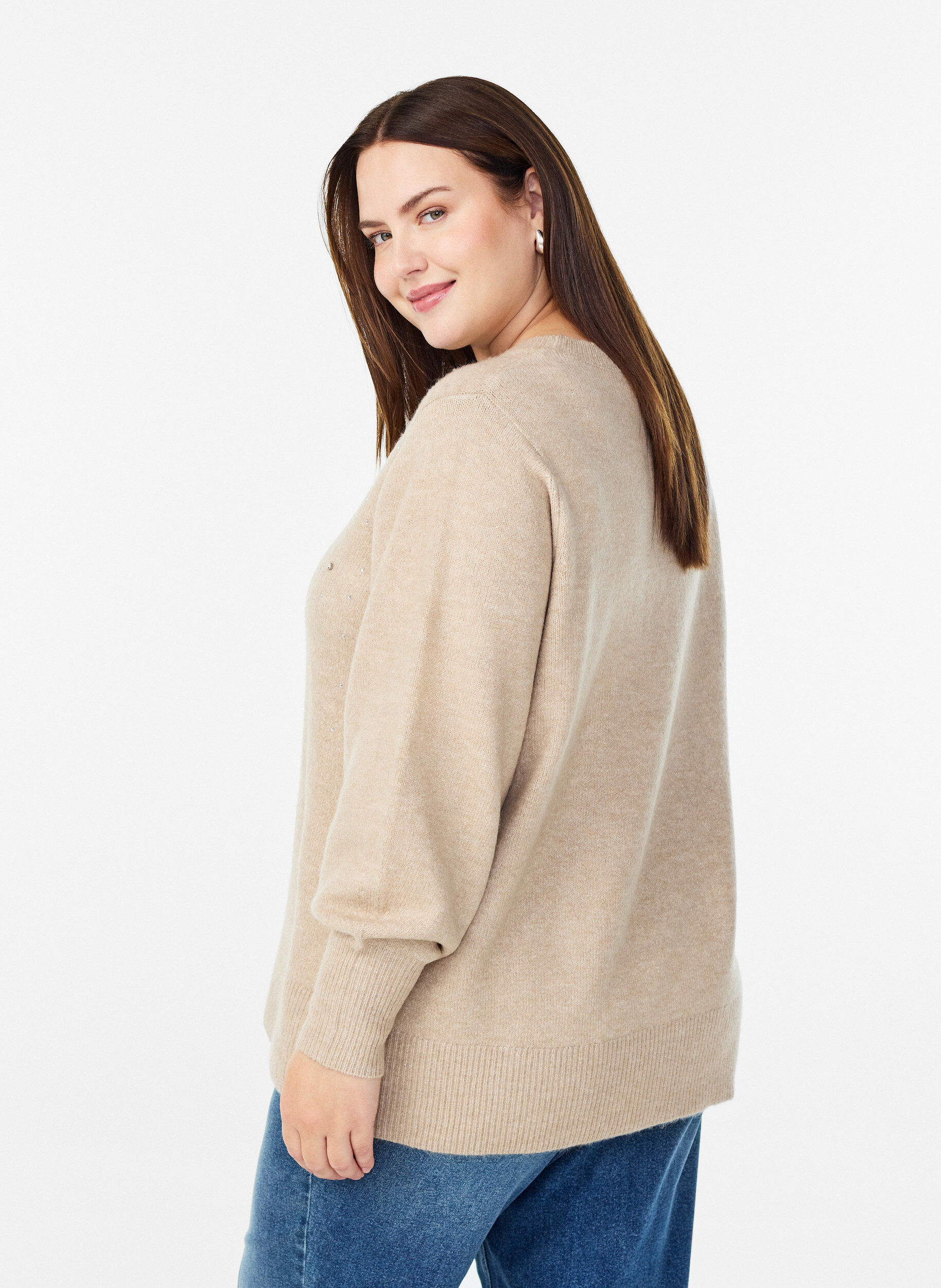 ZizziStrickbluse mit Strasssteinen, Beige, Model image number 2