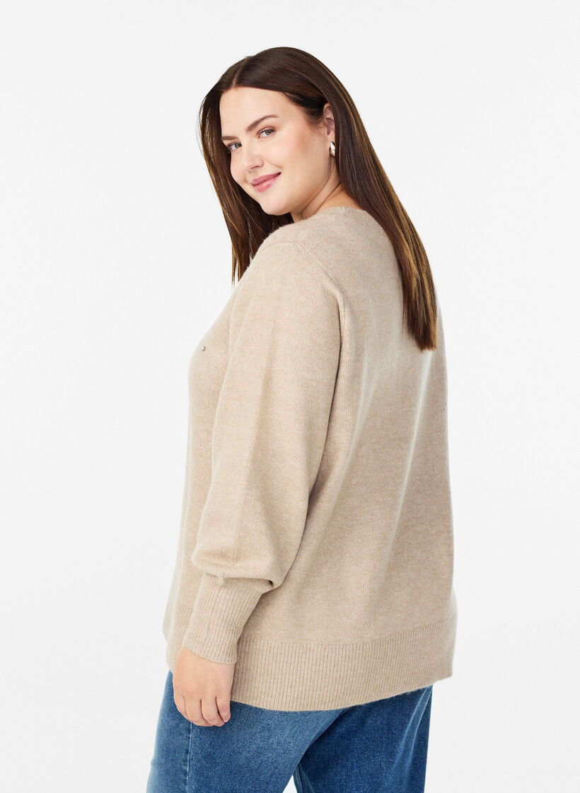 Strickbluse mit Strasssteinen, Beige, Model image number 2