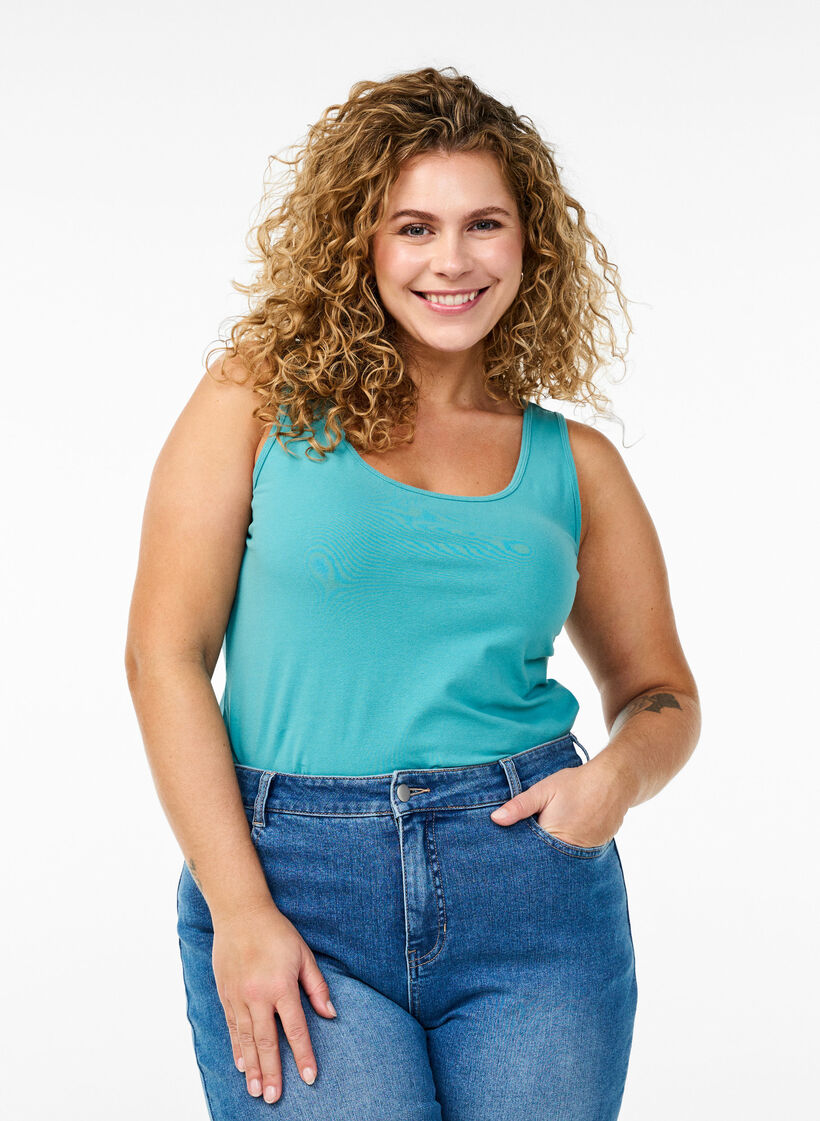 Solide Farbe Grundoberteil aus Baumwolle, Blau, Model image number 0