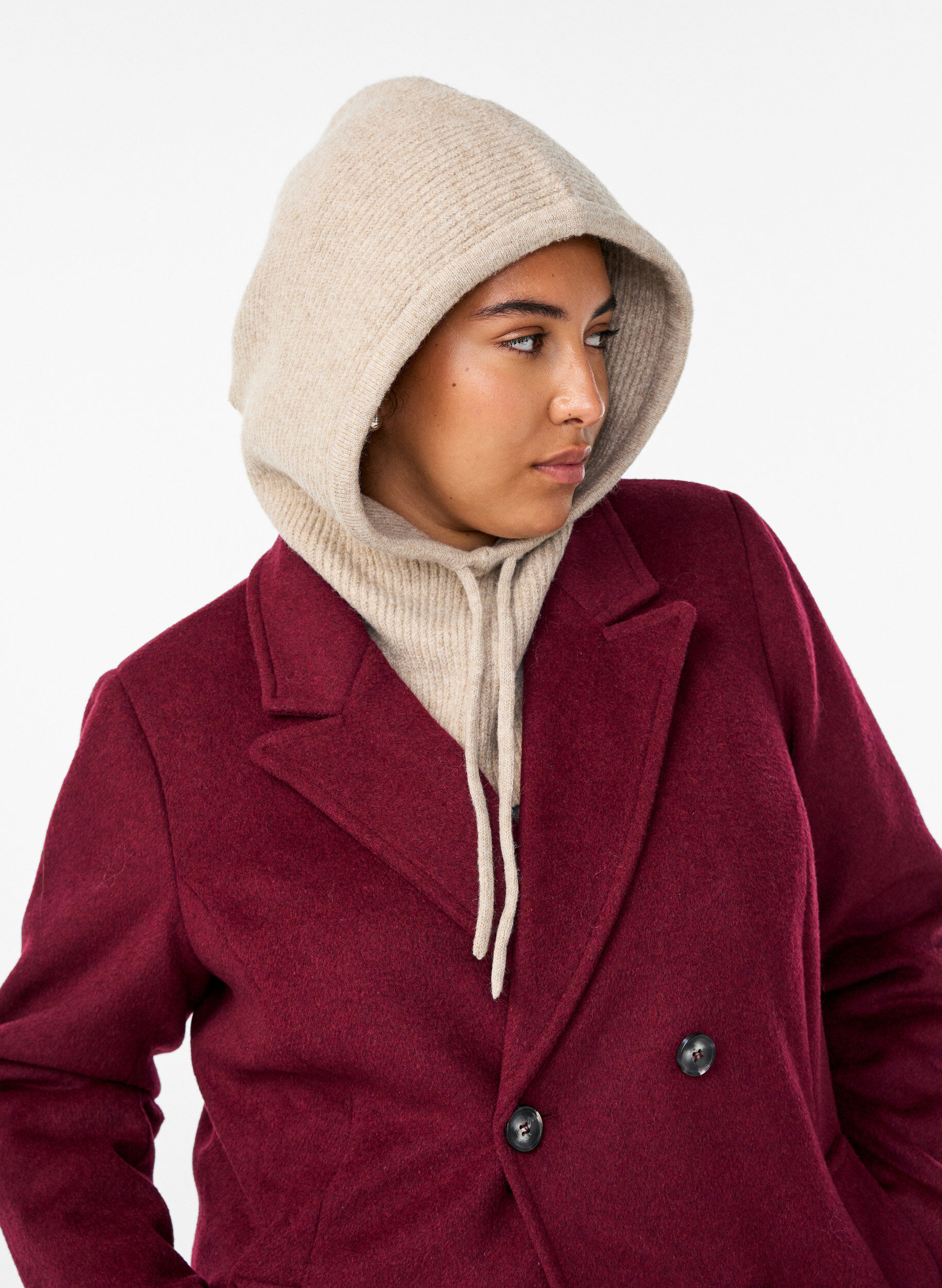 ZizziGestrickte Balaclava mit Kordelzug, Beige, Model image number 1