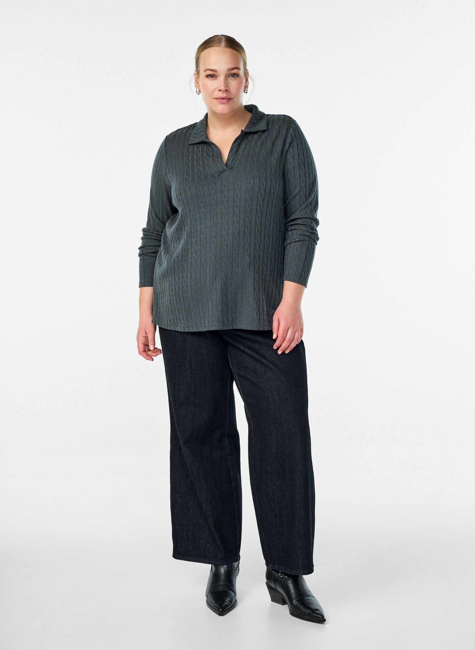 ZizziStrickbluse mit Kragen und Zopfmuster, Gr&uuml;n, Model image number 1