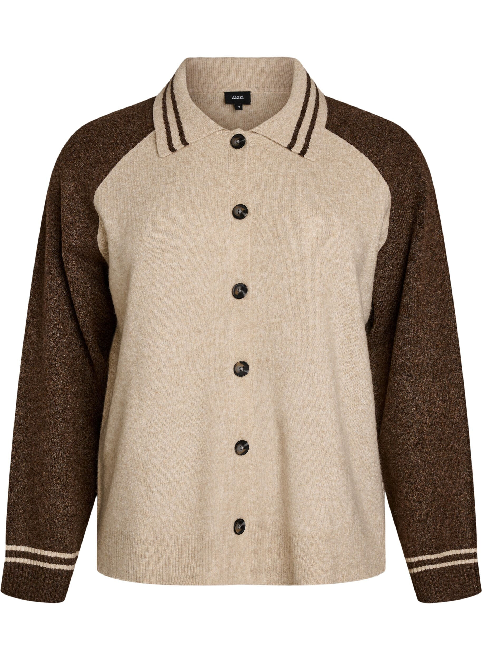 ZizziStrickjacke mit Kontrast&auml;rmeln und Kragen, Beige, Packshot image number 0