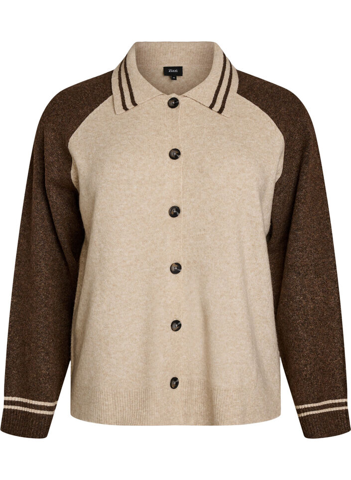 Strickjacke mit Kontrast&auml;rmeln und Kragen, Beige, Packshot image number 0
