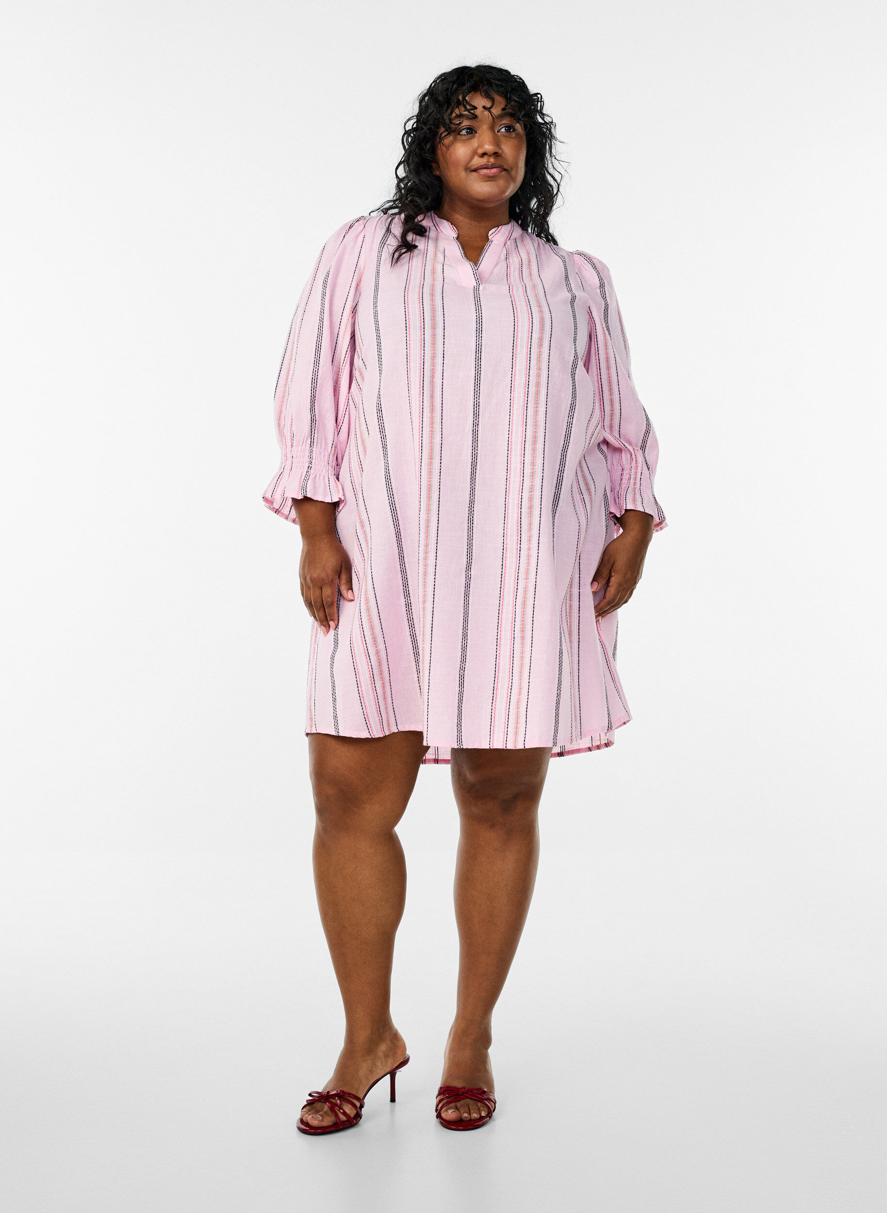 ZizziKurzes Kleid aus Baumwolle mit Streifenmuster, Rot, Model image number 1