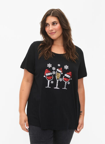 Weihnachts-T-Shirt mit Pailletten, Black w. Wine, Model image number 0