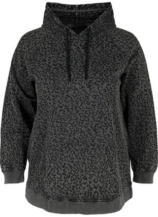 Sweatshirt aus Bio-Baumwolle mit Kapuze und Leo-Print, Grey Leo Acid Wash, Packshot image number 0