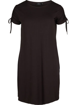 Kurzarm Viskosekleid mit Schnurdetails, Black, Packshot image number 0