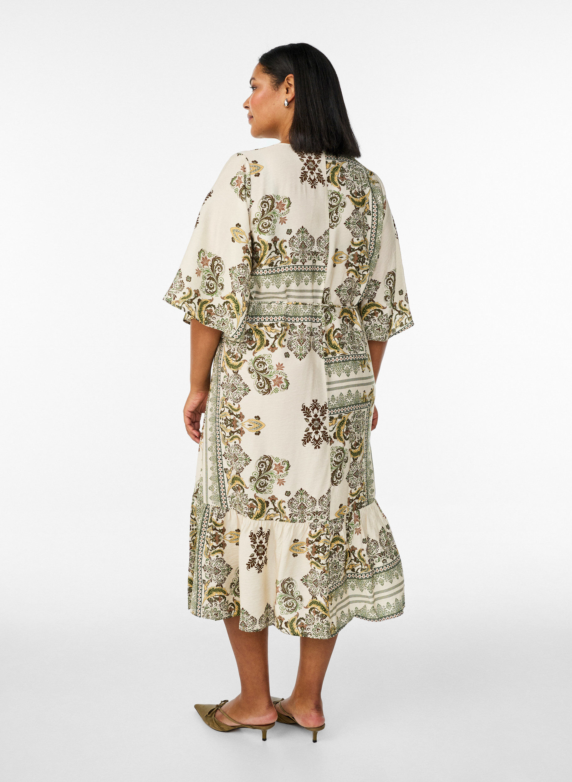 ZizziGemustertes Midikleid aus Viskose mit Bindeg&uuml;rtel, Gr&uuml;n, Model image number 1