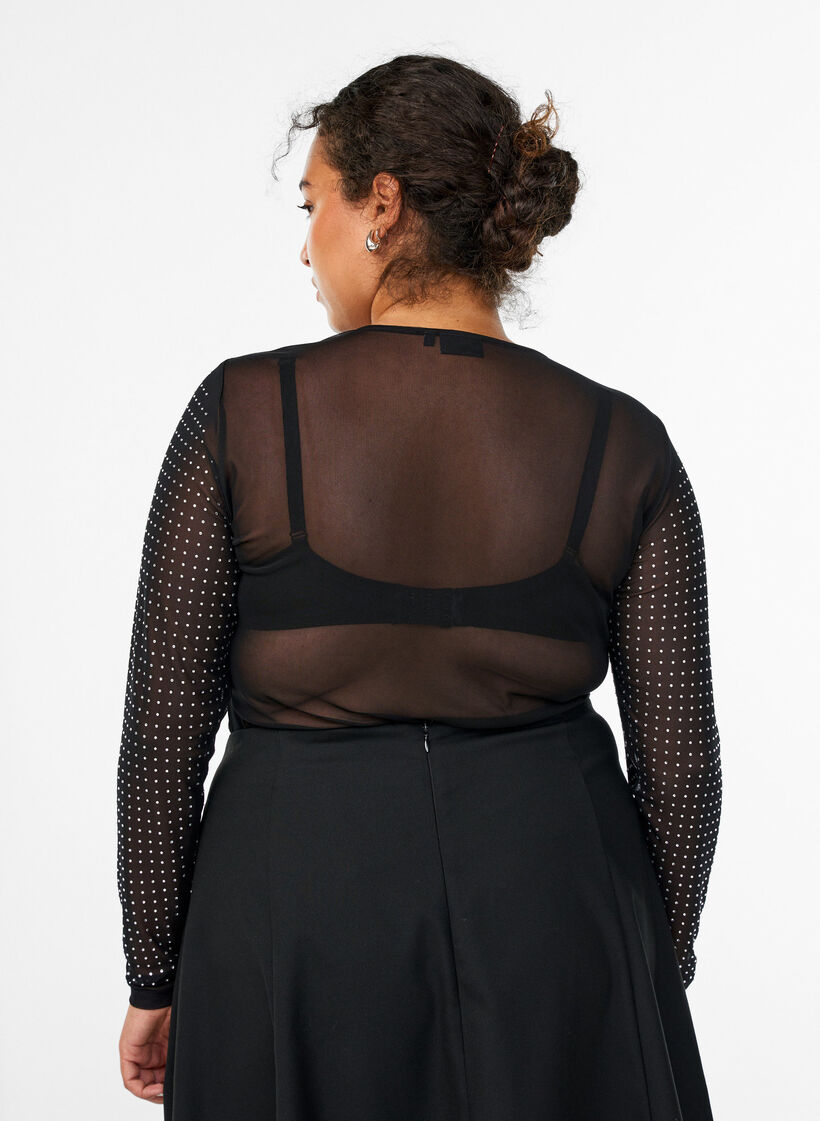 Meshbluse mit Strasssteinen und langen Ärmeln, Schwarz, Model image number 2