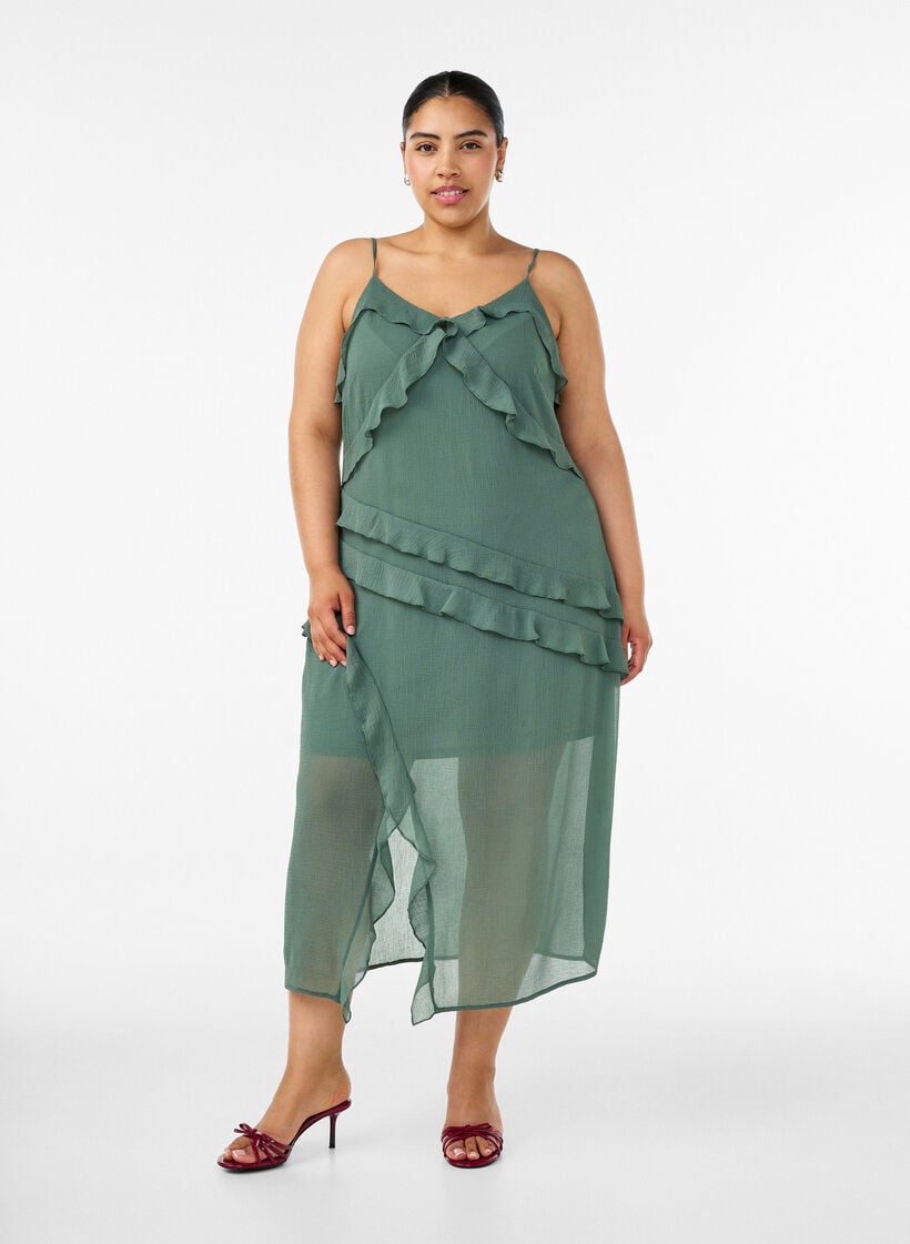 Kleid aus Chiffon mit asymmetrischen R&uuml;schen, Gr&uuml;n, Model image number 0