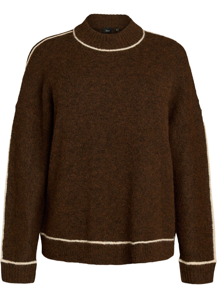 Strickpullover mit Rollkragen und Kontraststreifen, Braun, Packshot