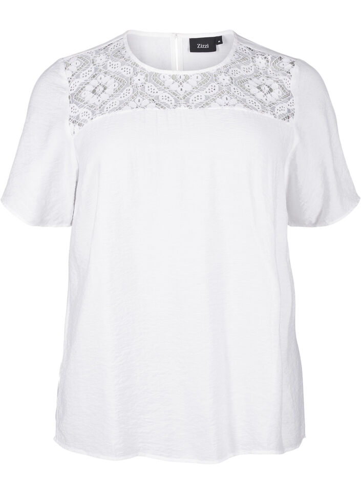 Kurzärmelige Viskosebluse mit Spitzendetail, Bright White, Packshot image number 0