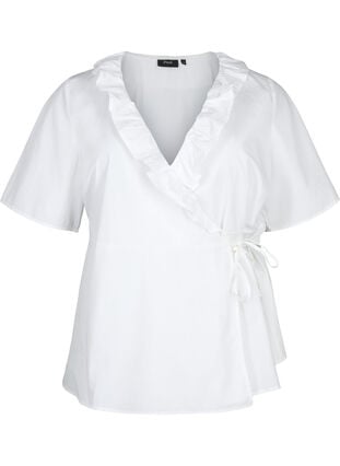  Kurzärmelige Bluse mit Rüschendetail, Bright White, Packshot image number 0
