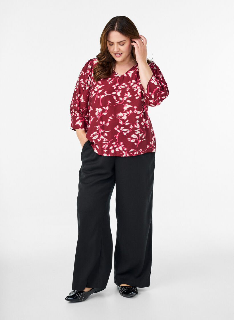Bluse mit V-Ausschnitt und 3/4-Ärmeln, Rot, Model image number 1