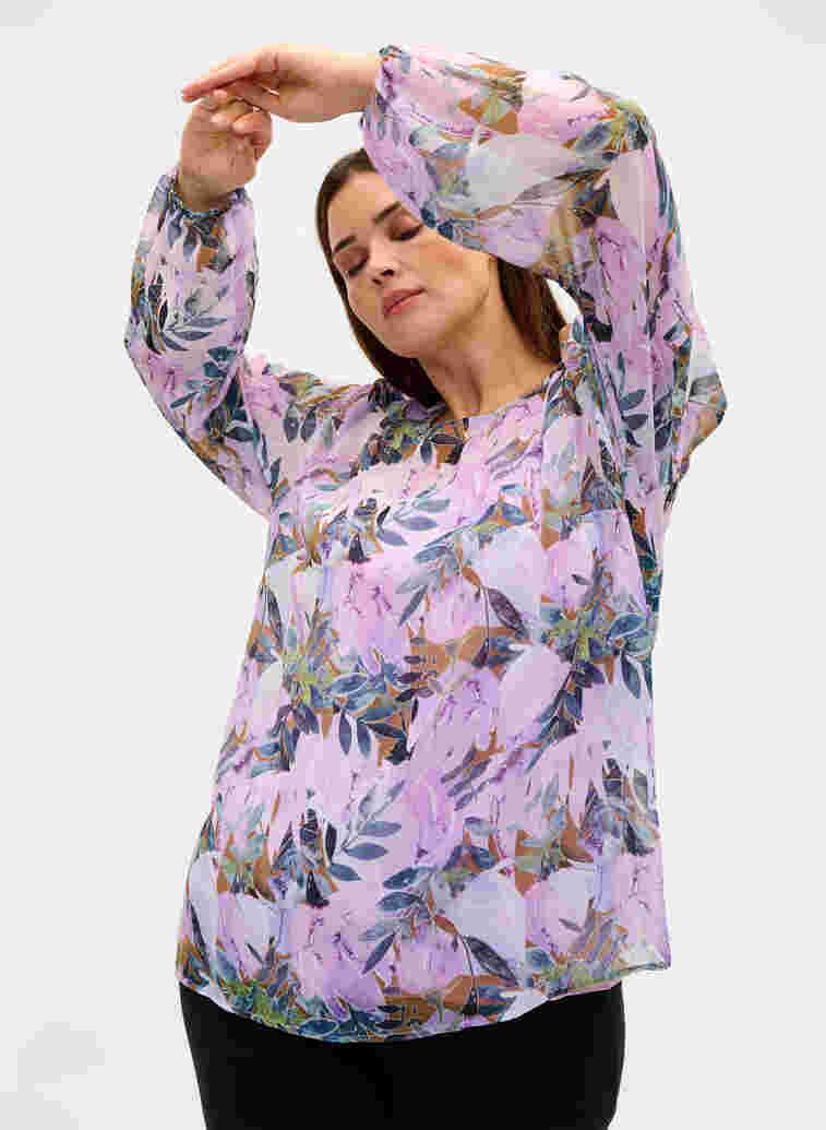 Bedruckte Bluse mit langen Ärmeln, Orchid Bouquet AOP, Model image number 2