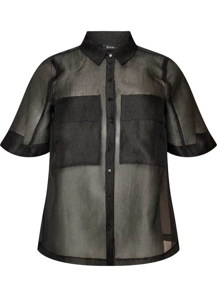 Transparente kurz&auml;rmelige Bluse mit Brusttaschen, Schwarz, Packshot image number 0