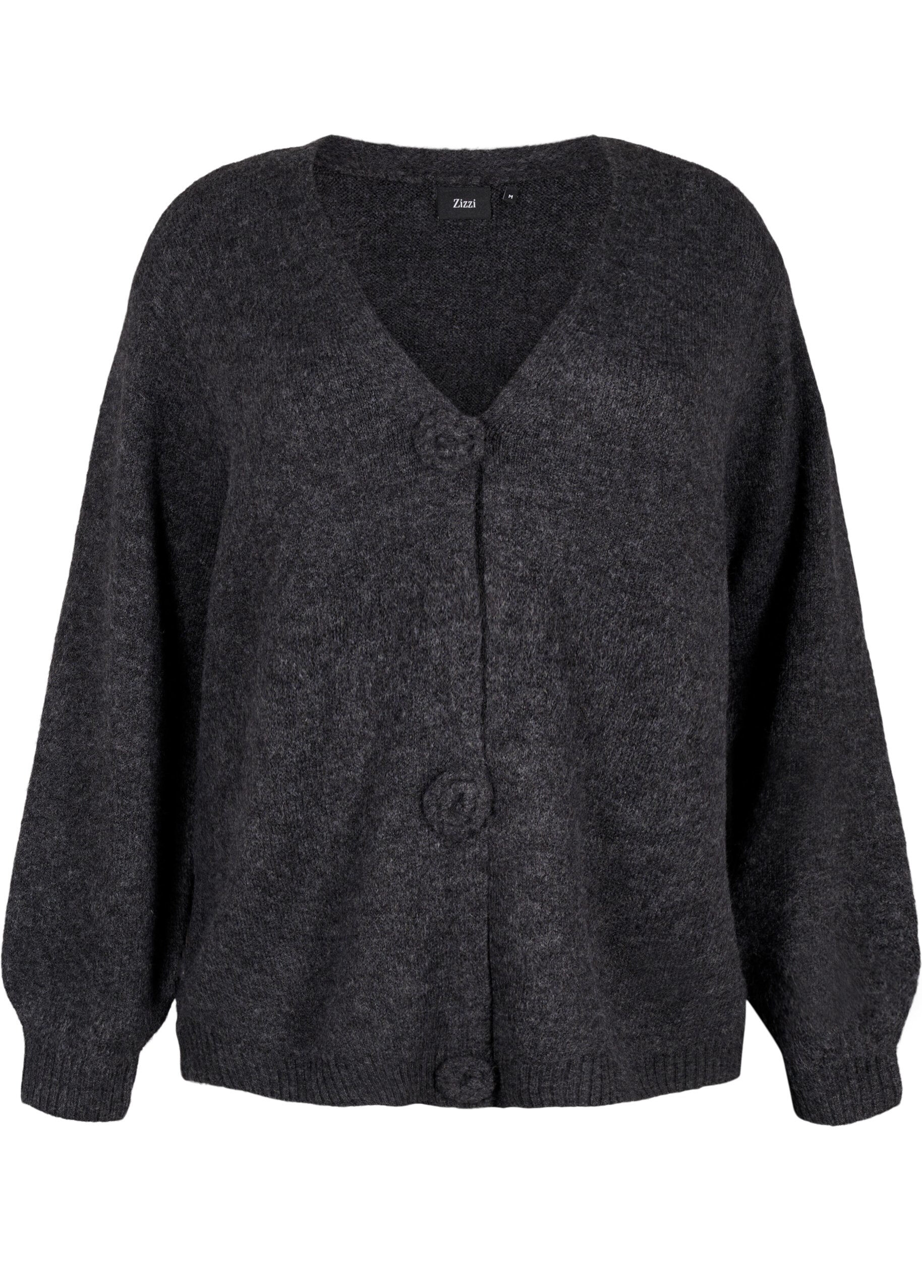 ZizziKurze Strickjacke mit Blumenkn&ouml;pfen, Dark Grey Melange, Packshot image number 0