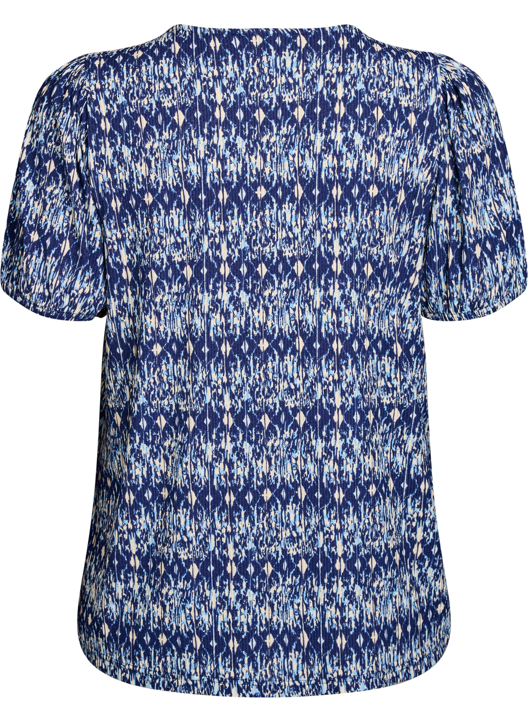 ZizziGemusterte Bluse mit kurzen &Auml;rmeln, Blau, Packshot image number 1