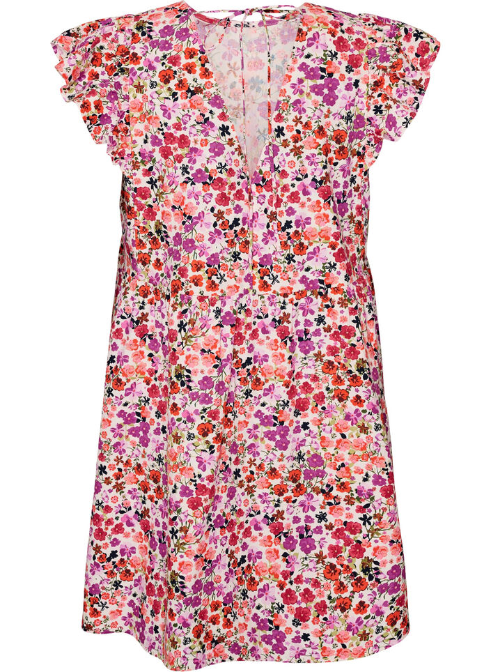 Gebl&uuml;mtes Kleid aus Baumwolle mit R&uuml;schen und V-Ausschnitt, Pink, Packshot image number 1