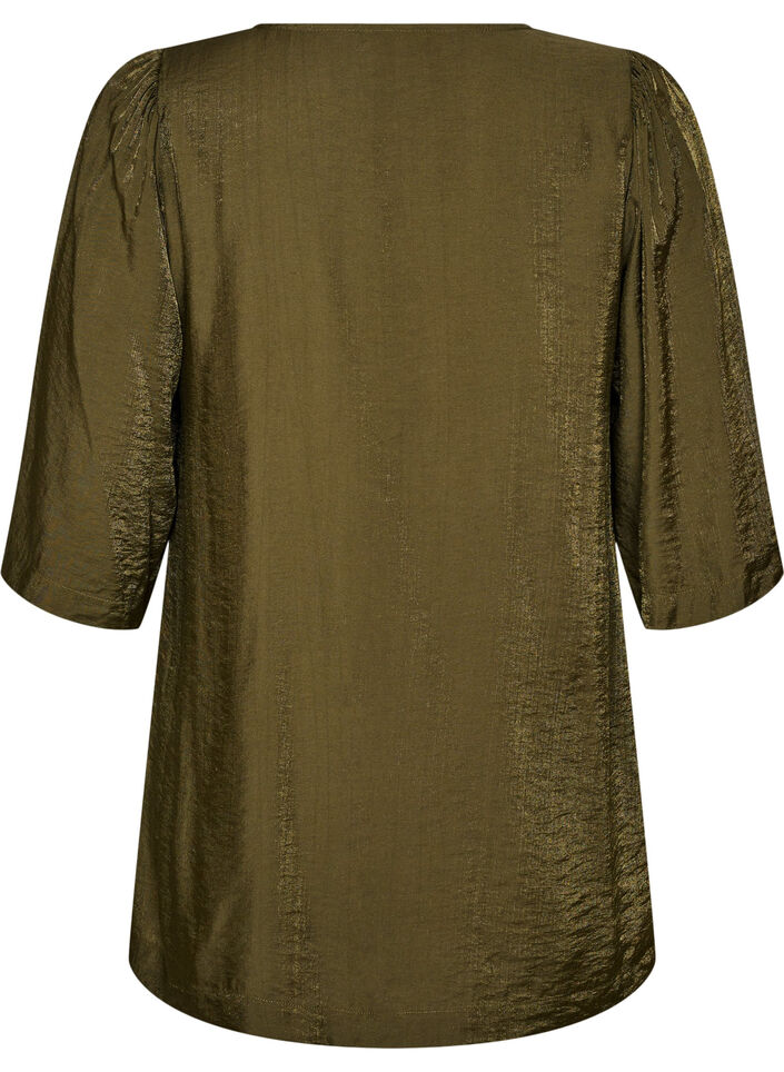 Gl&auml;nzende Tunika mit V-Ausschnitt und 3/4-&Auml;rmeln, Gr&uuml;n, Packshot image number 1