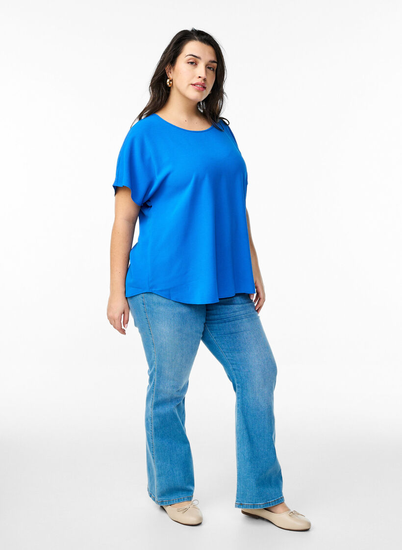 Bluse mit kurzen &Auml;rmeln und Rundhalsausschnitt, Blau, Model image number 1