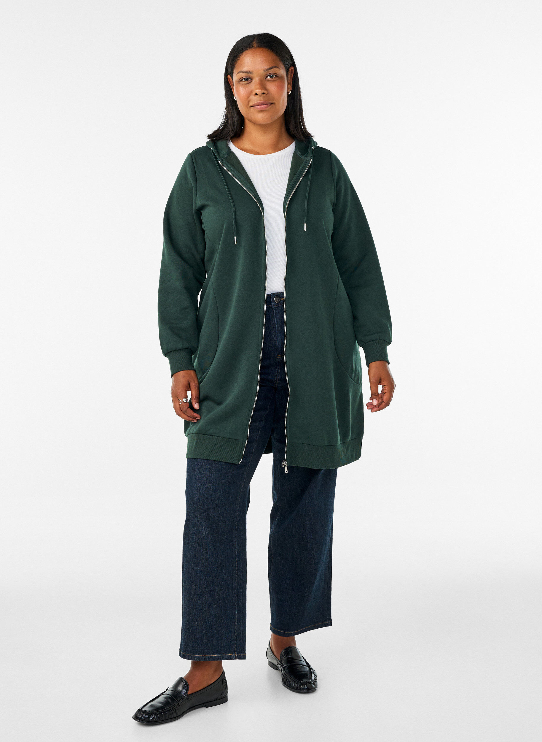 ZizziLanger Hoodie mit Rei&szlig;verschluss und Taschen, Gr&uuml;n, Model image number 1