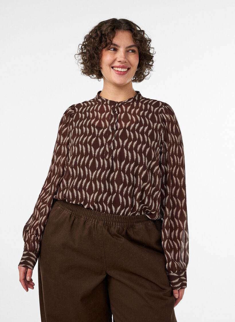 Bluse mit Allover-Print und kurzer Knopfleiste, Braun, Model image number 0