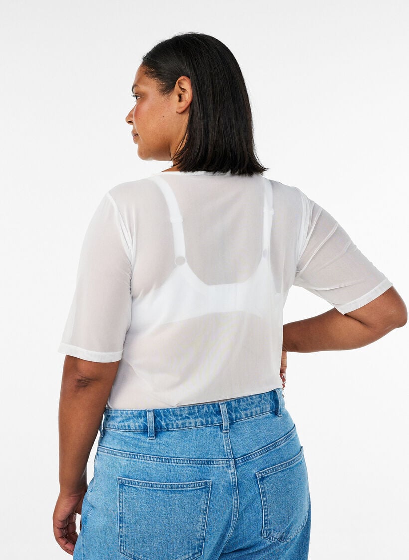 Top aus Mesh mit kurzen &Auml;rmeln und Rundhalsausschnitt, Vanille, Model image number 2