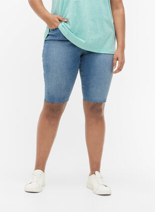 Lange Denim Shorts aus Baumwolle, Blue denim, Model image number 3