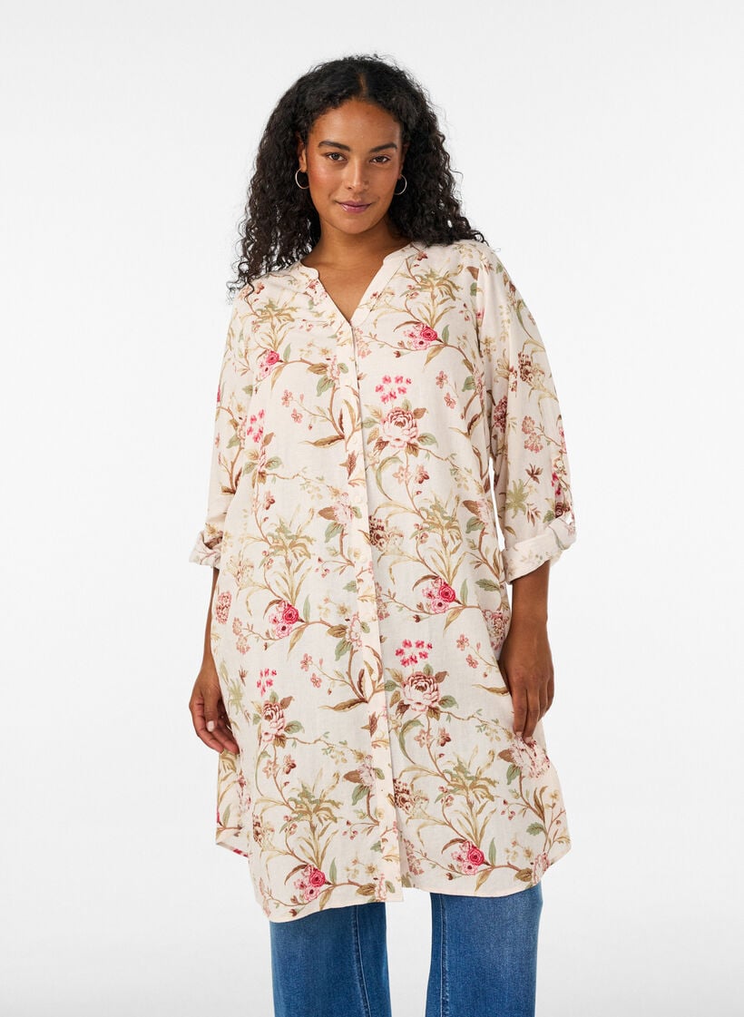 Lange Bluse aus Leinen und Viskose, Vanille, Model image number 0