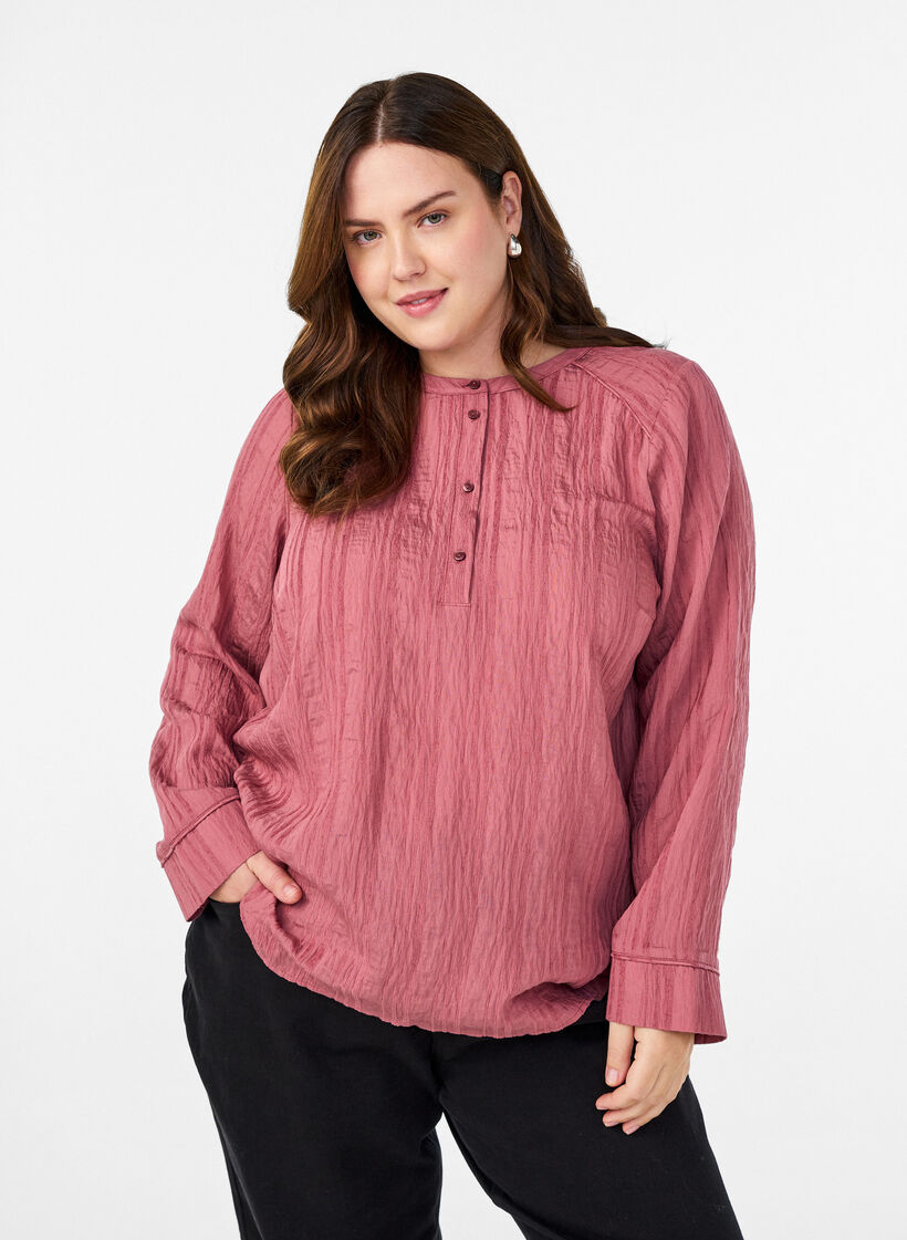 Bluse mit Ton-in-Ton-Struktur und Knöpfen, Rot, Model image number 0