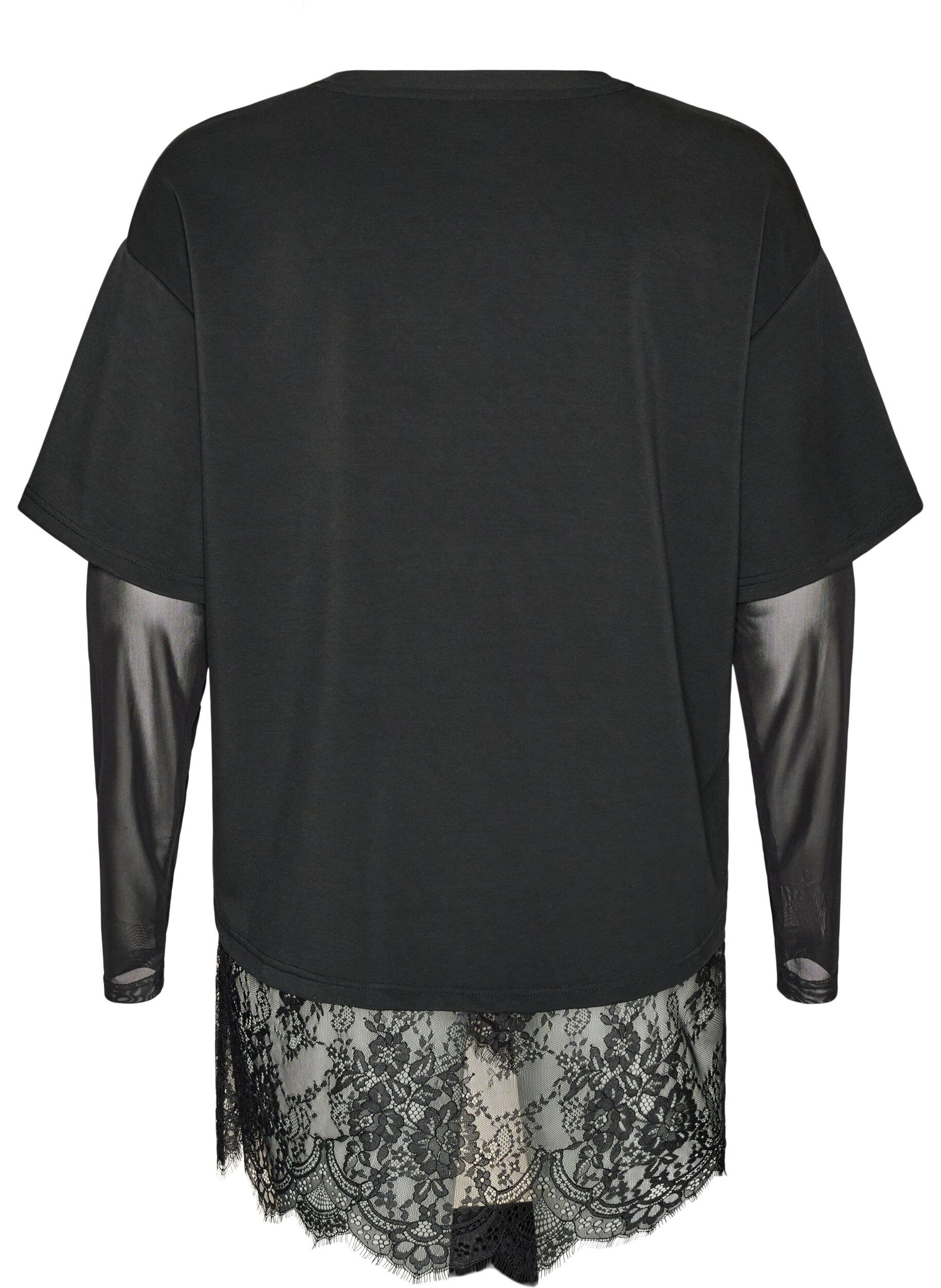 ZizziBluse mit Mesh-&Auml;rmeln und Spitzenbesatz, Schwarz, Packshot image number 1