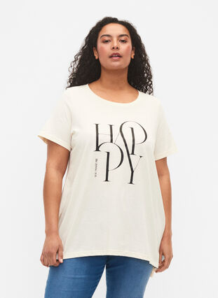 T-Shirt aus Baumwolle mit Textdruck, Buttercream HAPPY, Model image number 0
