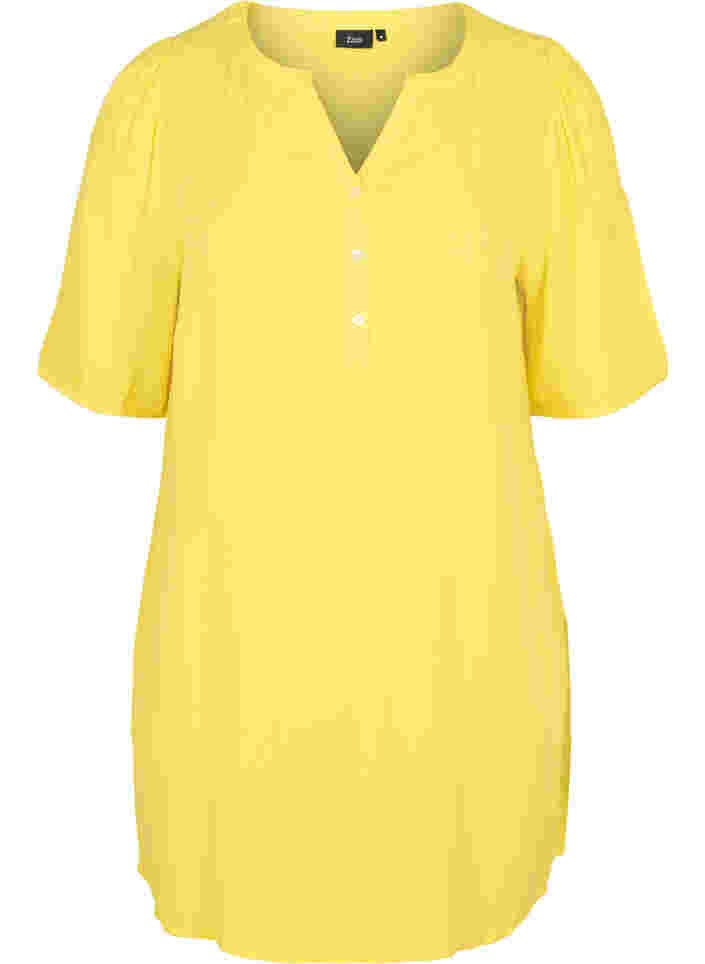 Viskosetunika mit V-Ausschnitt und Knöpfen, Primrose Yellow, Packshot image number 0